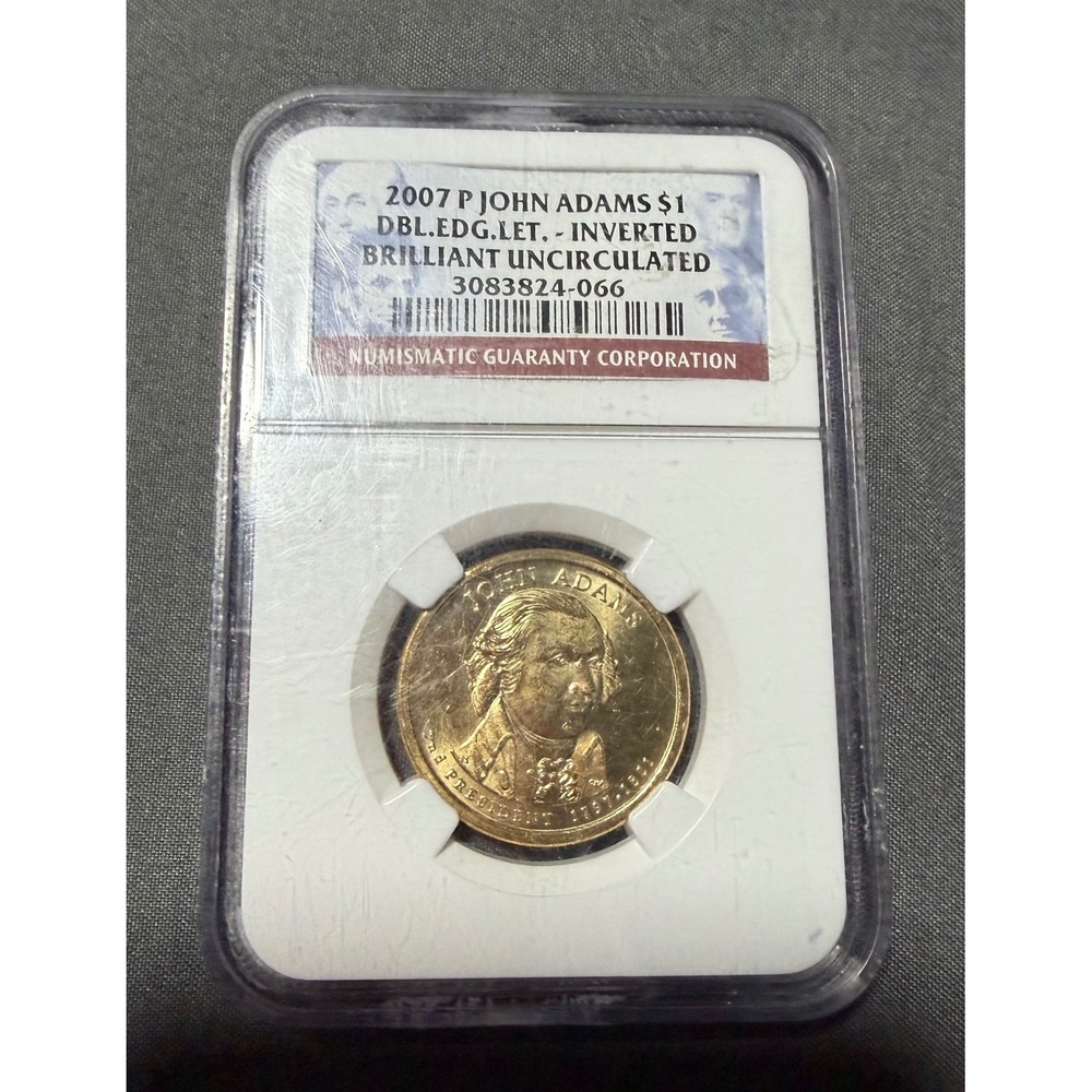 2007 P John Adams $1 Presidential NGC BU Double Edge Lettering Inverted Error